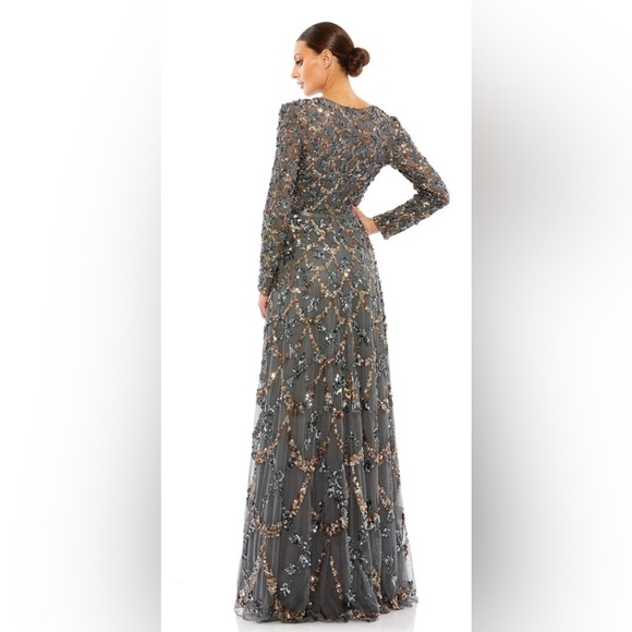 Lattice sequined illusion neckline long sleeve A-line gown - Picture 3 of 12